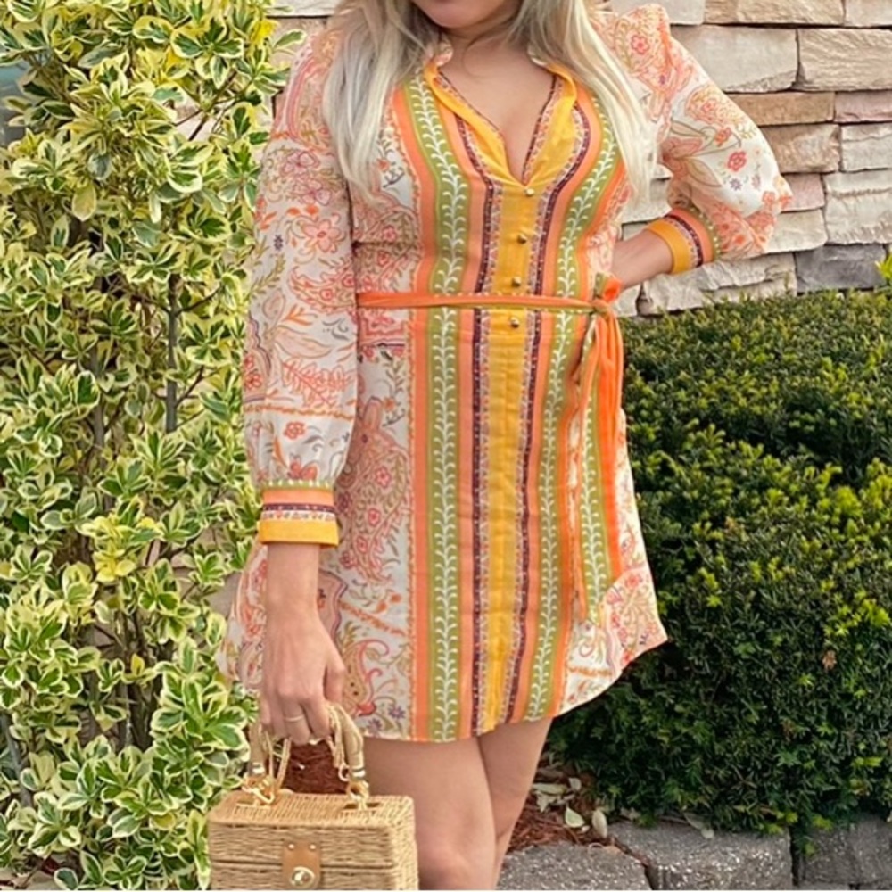 Boho Stripe & Paisley Mini Dress in Orange